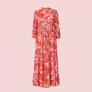 Nee Dress, lang kjole i rødt og lyserødt naturprint
