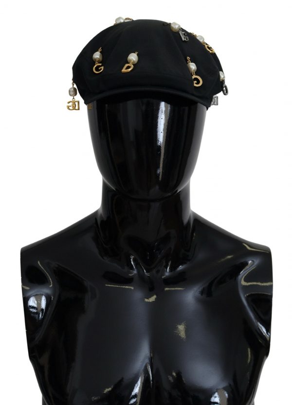 Dolce & Gabbana Sort Bomuld Embellished Newsboy Men Hat