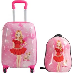 Børnekuffert - Kabinekuffert på hjul med rygsæk - Pink med motiv af pige & hund - Rejsesæt til børn