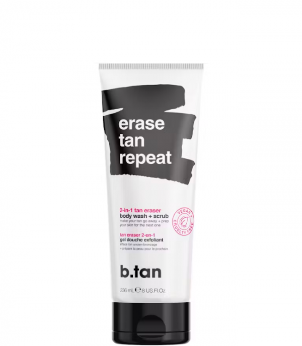 b.tan Erase Tan Repeat, 2 in 1 tan eraser body wash + scrub, 237ml.