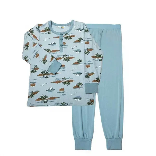 Pyjamas sæt i blå blød bambus med print af øde ø
