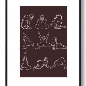 Yoga plakat - kvinde i yogastillinger (brun) (Størrelse: S - 21x29,7cm (A4))