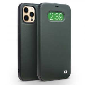 iPhone 12 Pro / iPhone 12 - QIALINO Ultra slim ægte læder cover - Cyan