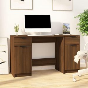 Skrivebord med sideskab konstrueret træ brun egetræsfarve