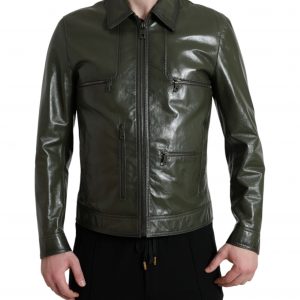 Dolce & Gabbana Grøn Læder Collared Biker Full Zip Jakke & Frakke