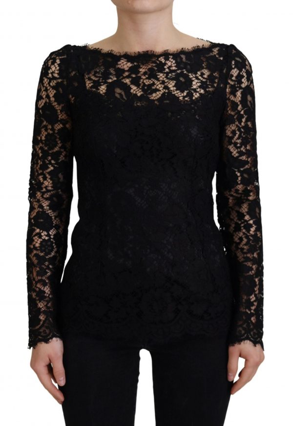 Dolce & Gabbana Sort Bomuld Lace Trim Long Sleeves Top