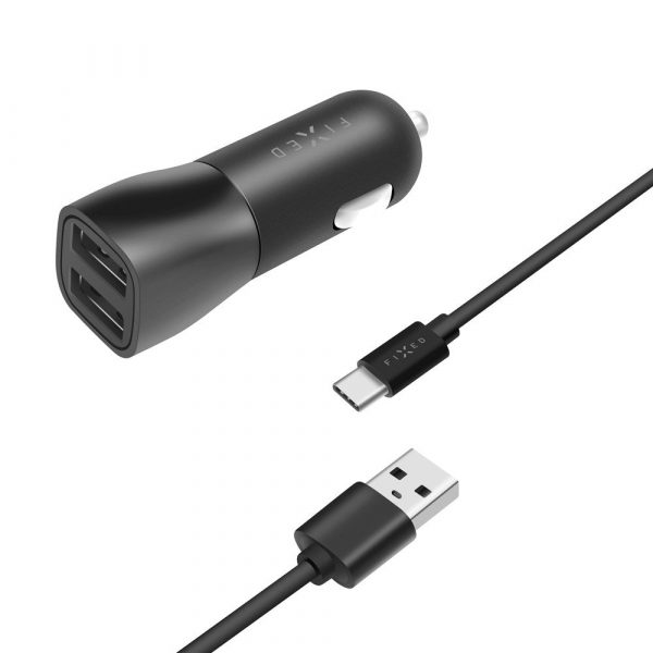 Fixed Dual Biloplader 15W m. 2 x USB-A & 1 x USB-A til USB-C Kabel - Sort