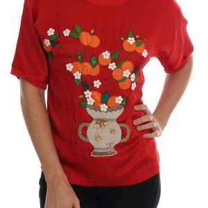 Dolce & Gabbana Red Silk Floral Embroidered Elegance Top