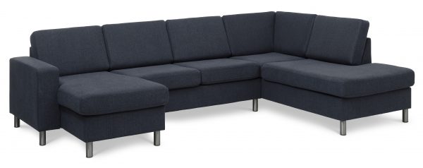 Pan set 5 U OE right sofa med chaiselong - blå polyester stof og børstet aluminium