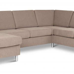 Pan set 6 U 2C3D sofa med chaiselong - antelope beige polyester stof og børstet aluminium