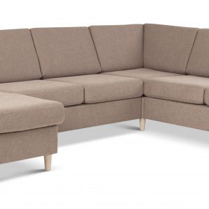 Wendy set 6 U 2C3D sofa, m. chaiselong - antelope beige polyester stof og natur træ