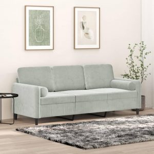 3-personers sofa med pyntepuder 180 cm velour lysegrå