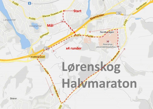 Løypekartet, med en 5 km sløyfe som løpes 4 ganger.