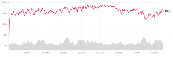 Pulskurve 2013 med sprekk rundt 29 km. Snittpuls: 166 (ca terskelpuls) , makspuls 176 