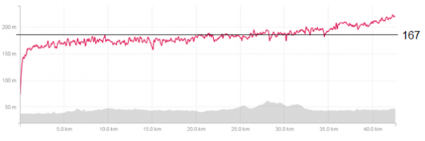 Pulskurve Berlin Marathon 2014: Snittpuls 167 (ca terskelpuls), makspuls 183 