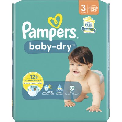 Pampers Baby-Dry Maat 3, 24 Luiers, Tot 12 Uur Bescherming, 6-10kg