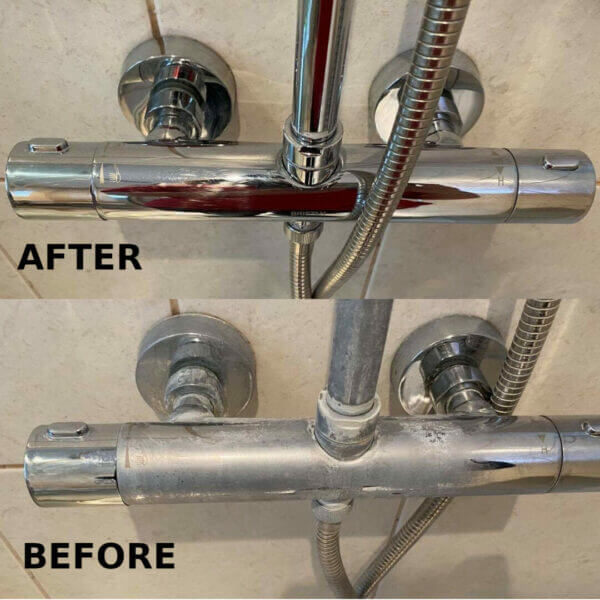 Shower cleaned with squeeky natural limescale remover before and after