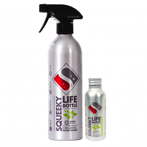 Squeeky Life Organic natural plastic free floor cleaner bundle. Aluminium life bottle and concentrate refill side by side