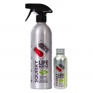 Squeeky Life Organic natural plastic free multi purpose surface cleaner bundle. Aluminium life bottle and concentrate refill side by side