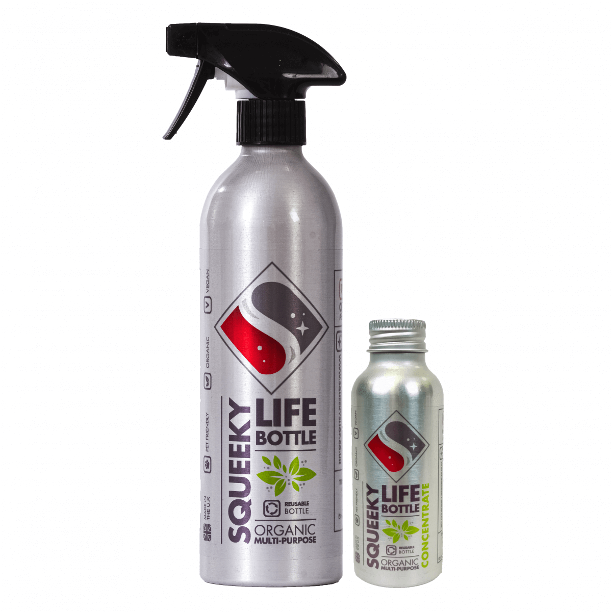 Squeeky Life Organic natural plastic free multi purpose surface cleaner bundle. Aluminium life bottle and concentrate refill side by side
