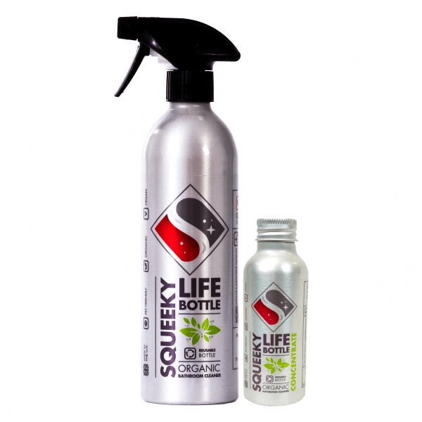 Squeeky Life Organic natural plastic free bathroom cleaner bundle. Aluminium life bottle and concentrate refill side by side