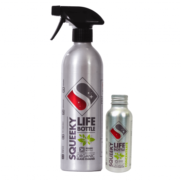 Squeeky Life Organic natural plastic free glass cleaner bundle. Aluminium life bottle and concentrate refill side by side