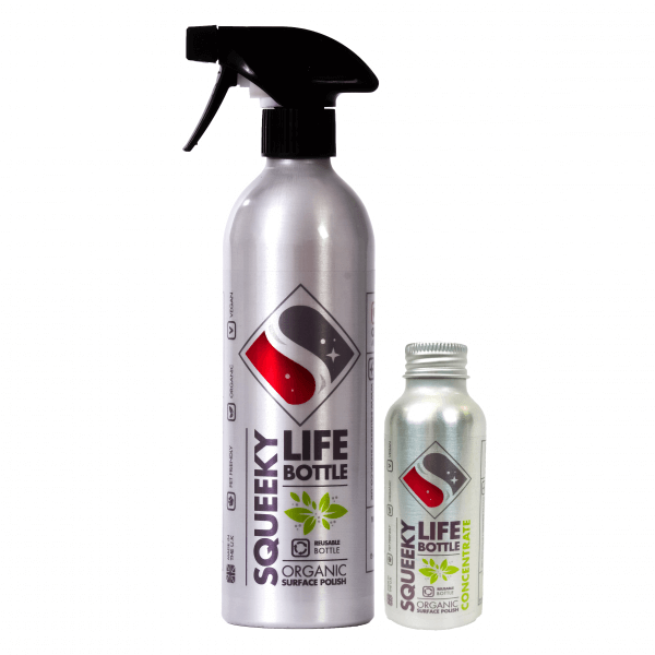 Squeeky Life Organic natural plastic free surface polish bundle. Aluminium life bottle and concentrate refill side by side