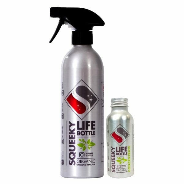 Squeeky natural limescale reemover refill bundle. Aluminium Life bottle and concentrate refill