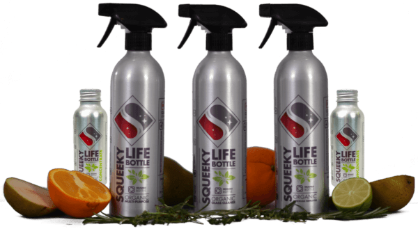 Three Squeeky Life bottles with fruit and concentrate refill bottles. Natural, organic,plastic free cleaning products in refillable aluminium squeeky life bottles