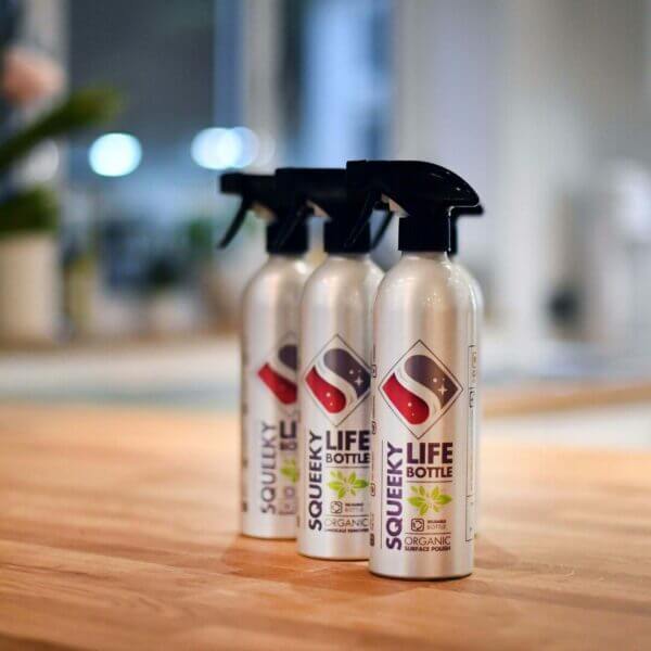 three squeeky life bottles on worktop