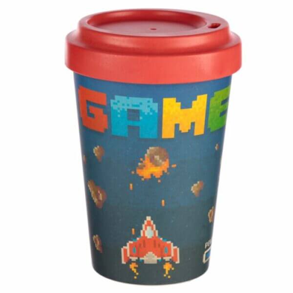 Dark blue bamboo travel cup with video game design and red lid