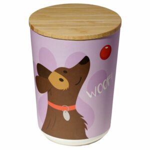 Round bamboo storage jar with dog design