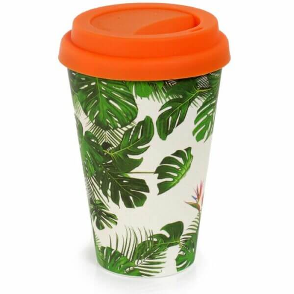 White bamboo travel cup with cheese plant design and orange lid