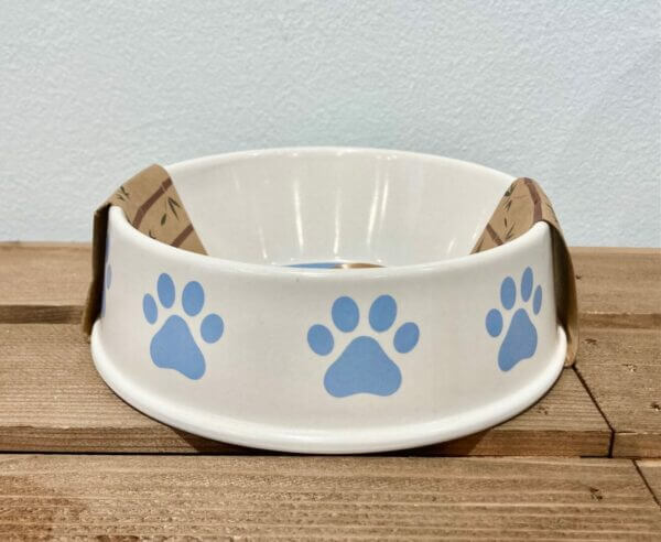 White bamboo pet bowl with blue paw print design