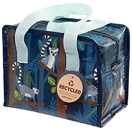 Dark blue lunch bag with light blue handles and a lemur design