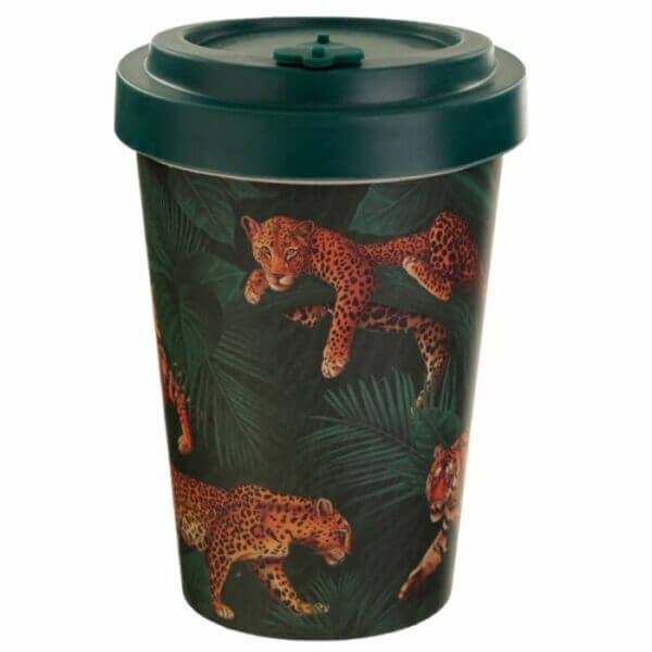 Dark green bamboo cup with leopard and tiger design
