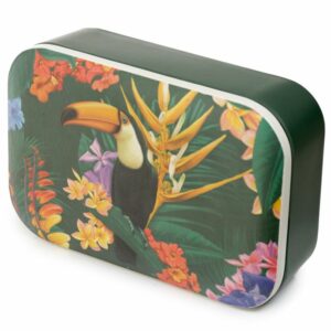 Dark green bamboo lunch box with a toucan design