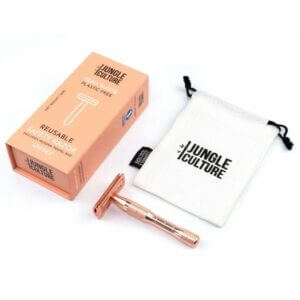 Jungle Culture rose gold reusable safety razor and travel bag