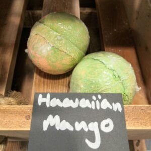 Green and orange mango scented bath bombs
