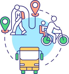 Icon zum Thema Mobilität. Fußgänger, Radfahrer und ein Bus