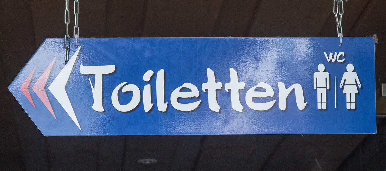 Wegweiser zu Toiletten. Blaues Schild in Pfeilform mit weißer Aufschrift Toiletten und Symbolen für Mann und Frau