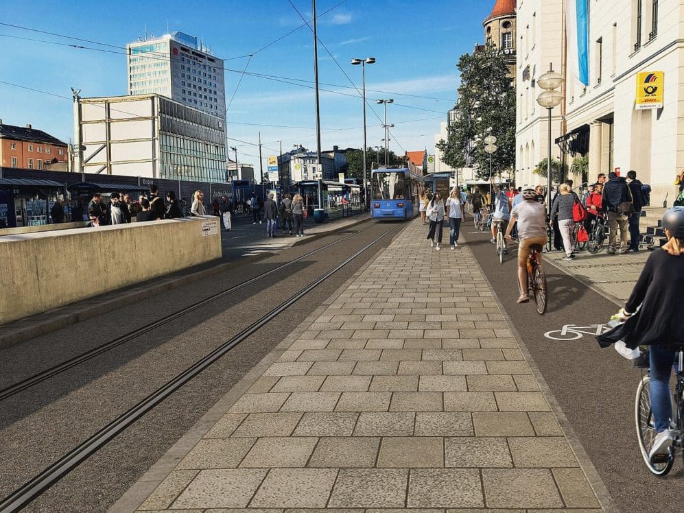 So soll die Verkehrslösung am Hauptbahnhofs-Vorplatz in München nach Ende der Umbaumaßnahmen aussehen. Visualisierung:SWM/MVG