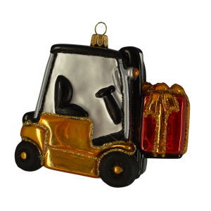alt=Ornament – gaffeltruck i guld med julegave i mundblæst glas
