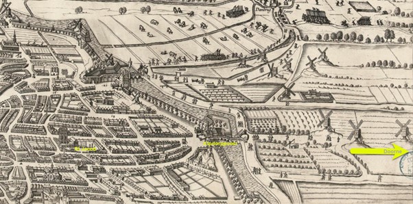 Grote kaart van Antwerpen in vogelvlucht met de mislukte aanval door het Staatse leger op Antwerpen, 17 mei 1605. Gezicht op een deel van de stad, bovenaan buiten beeld het legerkamp van Ambrogio Spinola 