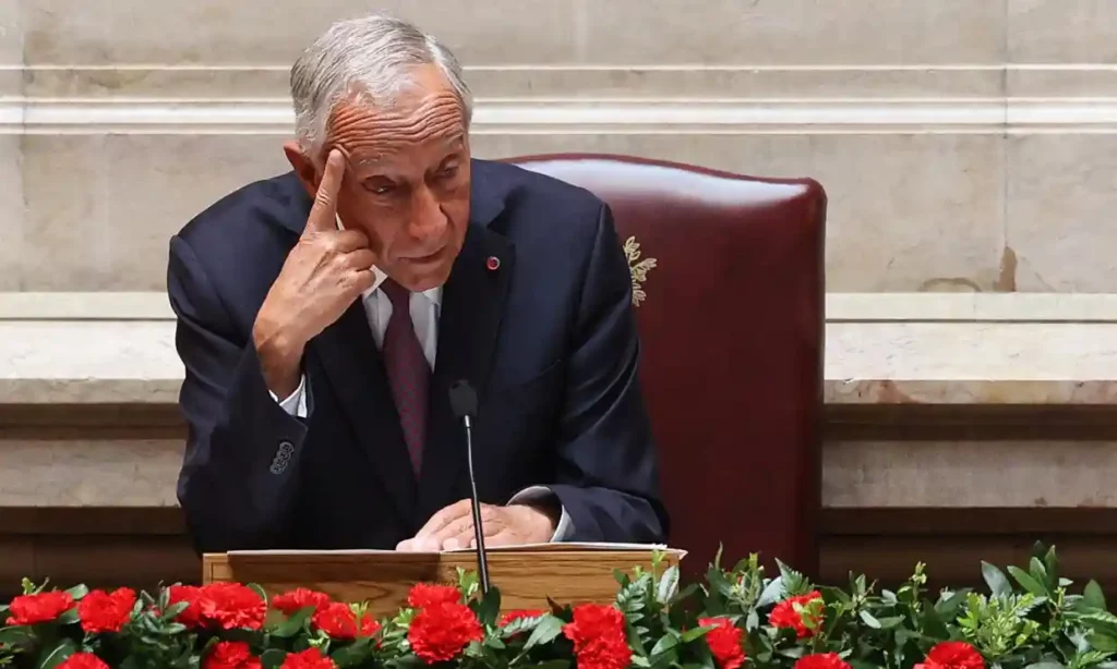 Marcelo Rebelo de Sousa, the President of Portugal, addressing a parliamentary session commemorating the 49th anniversary of the end of authoritarian rule. Photograph: Tiago Petinga/EPA