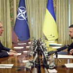 Stoltenberg (left) and President Volodymyr Zelensky (right) meet during the alliance chief's historic trip to Ukraine on Thursday.