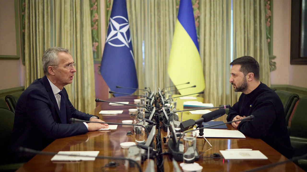 Stoltenberg (left) and President Volodymyr Zelensky (right) meet during the alliance chief's historic trip to Ukraine on Thursday.