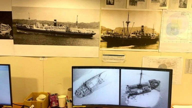 Undated handout photo from the Silentworld Foundation showcases screen images of the Montevideo Maru, a Japanese World War II transport ship, during the search. Deep-sea explorers announce the discovery of the wreck, torpedoed off the Philippines, claiming the lives of nearly 1,000 Australian passengers.