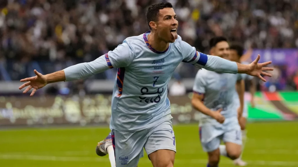 Cristiano Ronaldo, who can be seen here playing for the Riyadh All-Star XI, has experienced an increase in his income since relocating to Saudi Arabia.