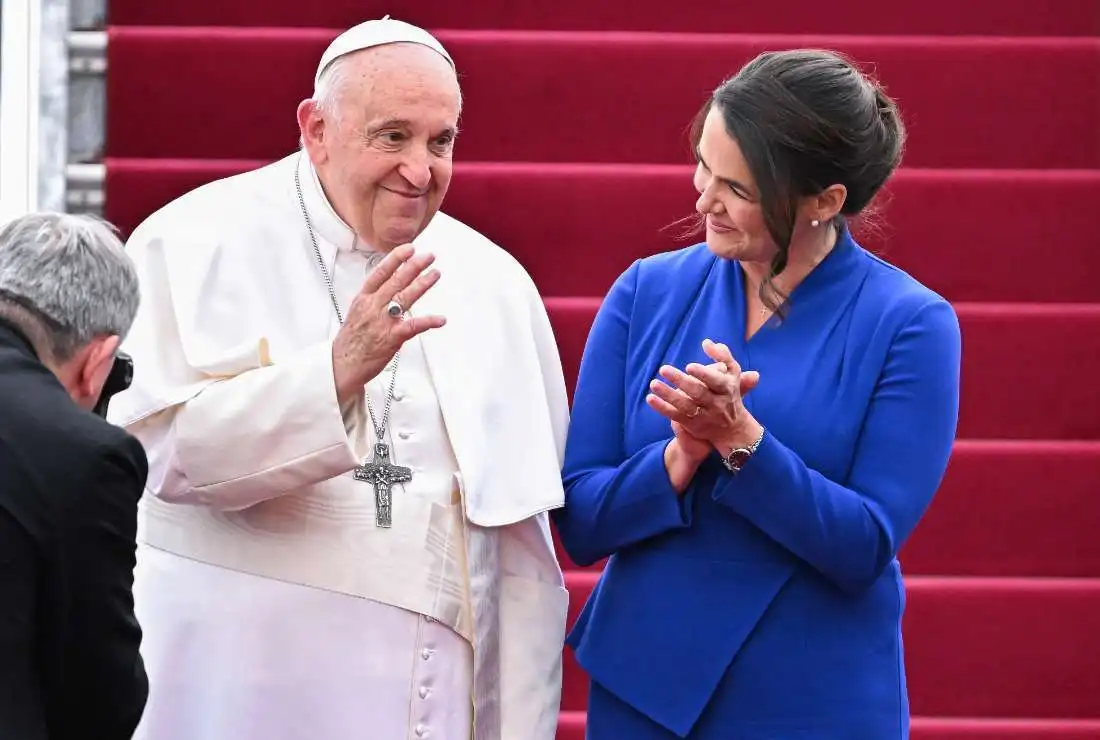 Pope Francis bids farewell to Hungary's President Katalin Novak at Budapest International Airport on April 30 after his second visit to Hungary in less than two years.
